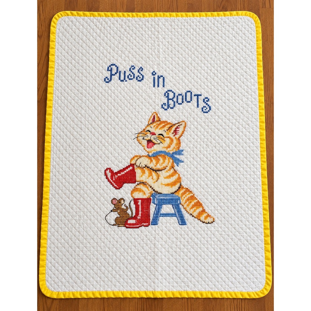Handmade Puss In Boots Baby Quilt Crib Blanket White Boys Cat Nursery Decor